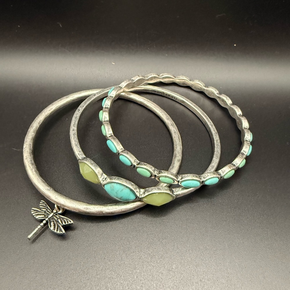 Lucky Brand Silver Tone and Turquoise Trio Stacked Bangle Bracelet Set Boho
